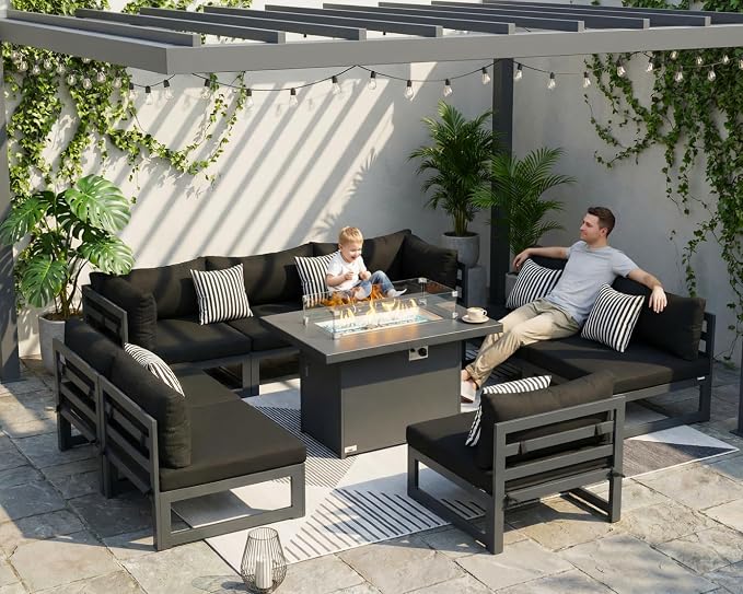 NICESOUL 9 Pcs Large Modern Aluminum Outdoor Patio Furniture Set with Fire Pit Table Propane/Gas, 29" Wide Deep Seat, Fade Resistant Sectional Sofa, 500 lbs Sturdy Conversation Set for Backyard, Black
