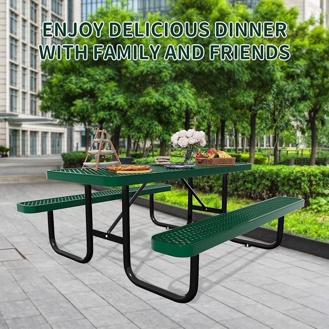 Picnic Tables for Outdoors,Commercial Metal Picnic Table Bench Set with Umbrella Hole,School Canteen Tables W/Seats - Heavy Duty Sturdy Picnic Tables Furniture for Patio Garden (Green, 4FT)
