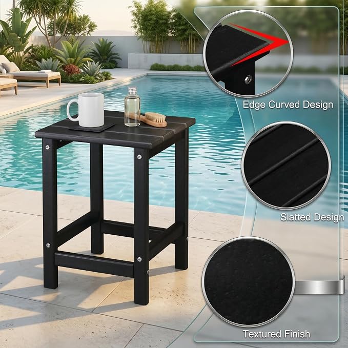 HDPE Outdoor Side Table, 14 Inch Square Patio End Table, Weather Resistant Small Outdoor Table for Adirondack Chairs, Waterproof Outside Table for Porch, Garden, Deck, Pool, Black