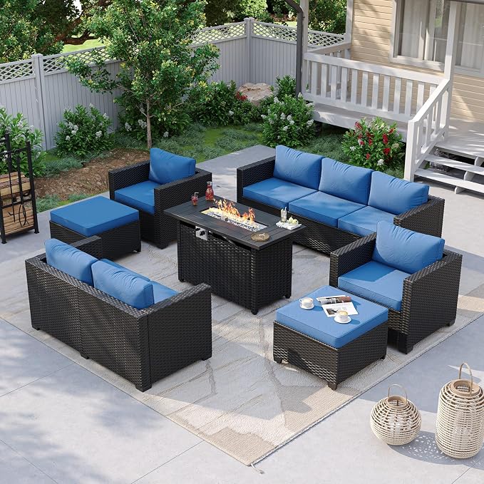 Aoxun 7 Piece Patio Furniture Set with Fire Pit Table, 9 Seats Outdoor Furniture Set with Wicker Ottomans, Rattan Outdoor Sectional Sofa with Thickened Cushion & Waterproof Cover Blue