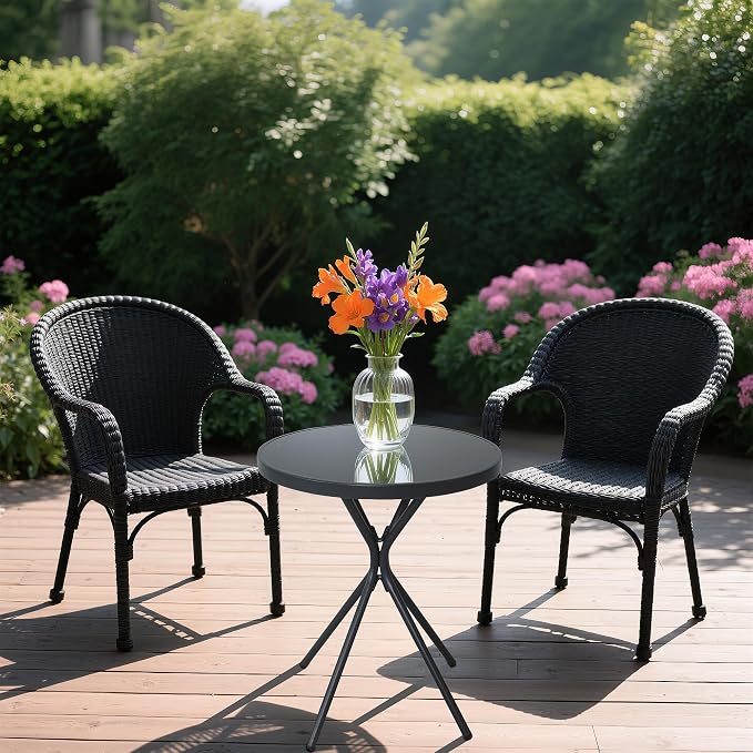 Outdoor Round Coffee Side Table,Tempered Glass Tabletop,All-Weather Bistro Table,Suitable for Terraces, Gardens, Bedrooms and Courtyards.