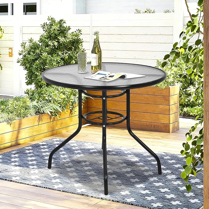 BLKMTY 32" Round Bistro Table Outdoor Furniture Garden Tables Patio Coffee with Tempered Glass Top Patio Glass Side Table for Backyard Lawn Balcony Pool, Black