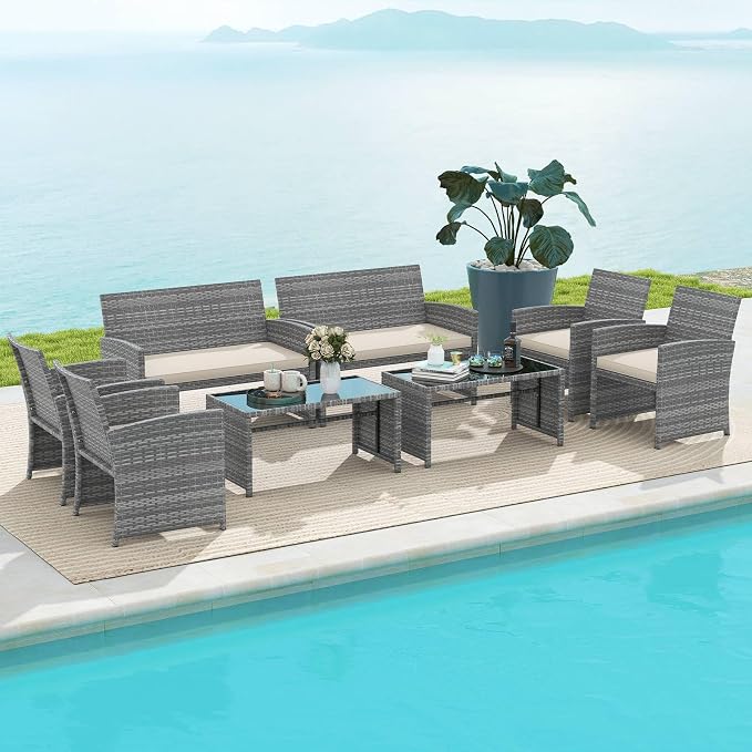RELAX4LIFE 8-Piece Patio Furniture Set - Wicker Rattan Outdoor Sectional Sofa Set w/Glass Coffee Table, Loveseat, Chairs & Soft Cushions, Bistro Conversation for Garden Porch (2, Grey-Off White)