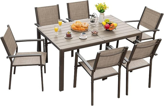 Flamaker Patio Dining Set 7 Piece Metal Frame Outdoor Furniture with 6 Textilene Chairs and Rectangular Table Family Kitchen Conversation Set for Backyard, Lawn (Brown)