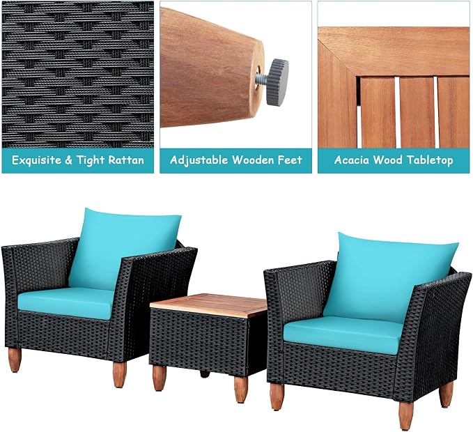 Tangkula 3 Piece Patio Furniture Set, Patiojoy Outdoor Wicker Rattan Bistro Sofa Set w/Washable Cushion, Acacia Wood Top Coffee Table, Conversation Set w/Adjustable Feet for Balcony Backyard Porch