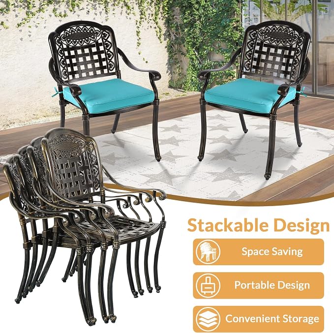 9 Piece Outdoor Patio Dining Set for 8, Cast Aluminium Large Square Dining Table & 2 Swivel Rocker Chairs, 6 Stationary, 8 Cushions, Umbrella Hole, Patio Furniture Set for Garden, Ocean Blue