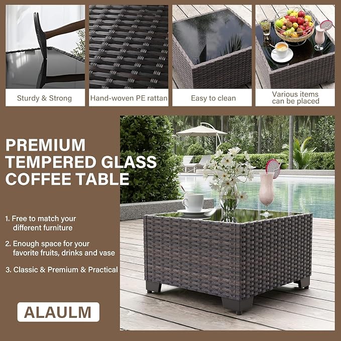 ALAULM 7 Pieces Patio Furniture Set Wicker Patio Conversation Set, Outdoor Sectional Furniture w/Coffee Table & Washable Seat Cushions-Sand