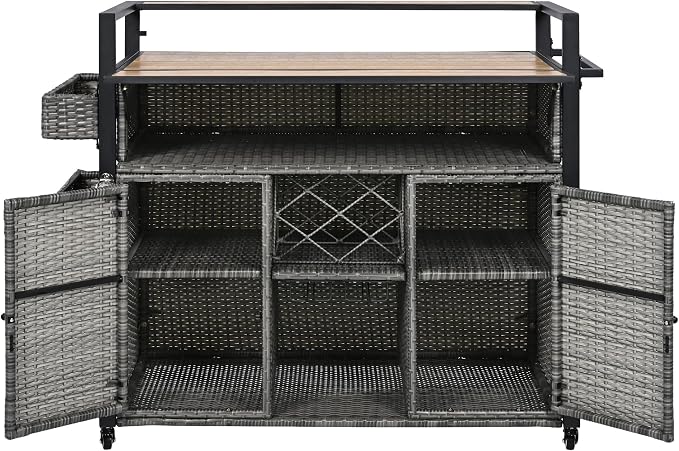 Outdoor Bar Table on Wheels with Extended Table Top and Storage Cabinet ﻿