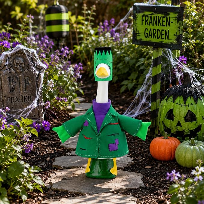 Watayo 2 Pcs/Set Halloween Monster Goose Outfits, Porch Goose Statue Monsters Costume, Dark Green Lawn Goose Monster Clothes with Hat for 23" Statue Halloween Fall Outdoor Patio Garden Yard Decor