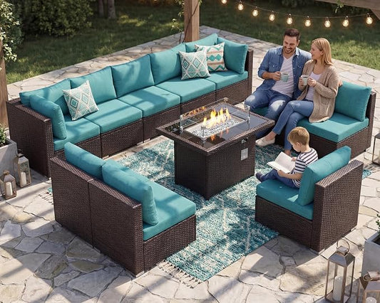NICESOUL Modern Outdoor Couches with Firepit Table Propane/Natural Gas, 29.3'' High Back Comfy Conversation Set with Fireplace, 10 Seater Large Wide Patio Furniture Set, Brown Rattan and Teal Cushion
