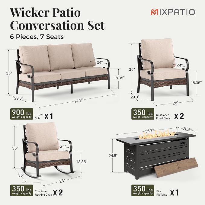 MIXPATIO Patio Furniture Set with Fire Pit Table, Metal Outdoor Conversation Set with 5.75'' Extra Thick Cushion, 2 Rocking Chairs, 2 Leg Chairs, 3-Seat Sofa and Gas Fire Pit Table, Beige