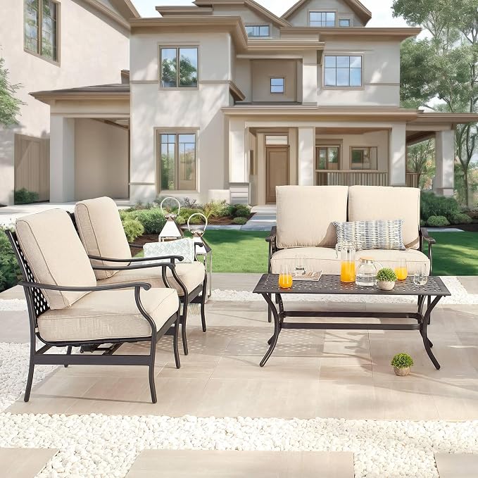 Patio Conversation Set 4 Pieces Cushioned Metal Outdoor Furniture Sets with All Weather Frame for Porch Backyard Lawn (Beige)