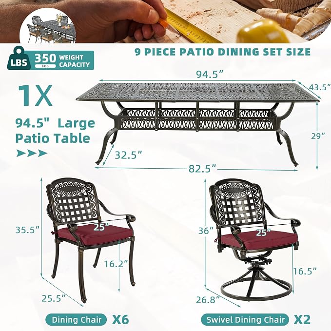 MEETWARM 9-Piece Outdoor Patio Dining Set for 8, All Weather Cast Aluminum Patio Funiture Table and Chairs Set- 94.5” Rectangular Table and 2 Swivel Rocker Chairs, 6 Stationary for Garden, Chili Red