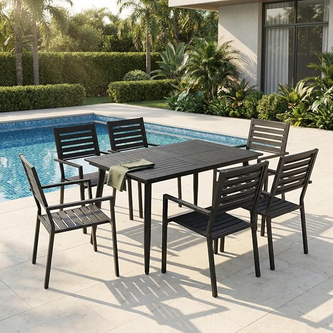 7 Piece Outdoor Dining Set All Weather Patio Dining Set with HDPE Wood-Like Tabletop, Rustproof Metal Outdoor Table and Chairs with 6 Stackable Chairs for Garden Backyard, Black