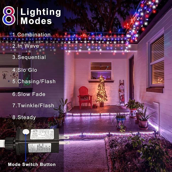 Red White and Blue Icicle Lights for Outside – 33ft 400LED Outdoor Waterproof Christmas Lights, 4th of July Decorations Independence Day Patriotic Lights with 75 Drops for House Roof Window Fence