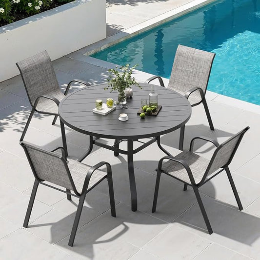 Soohow Outdoor Dining Set for 4, 5-piece Outdoor Patio Dining Set 4 x Stackable Patio Chairs & 1 x Round Table with Umbrella Hole,All-Weather Outside Table and Chairs for Backyard, Balcony, Porch