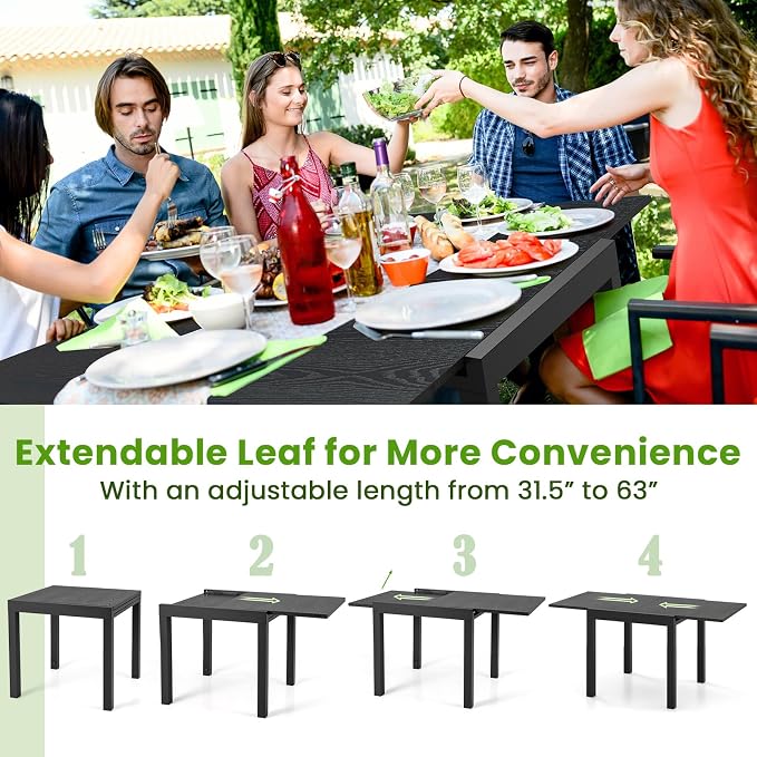 Tangkula 31.5"-63" Extendable Patio Dining Table, Aluminum Adjustable Outdoor Dining Table for 4-6 People, L-Shaped Brace Included for Fixation, Space-Saving Outside Table for Garden, Porch, Poolside