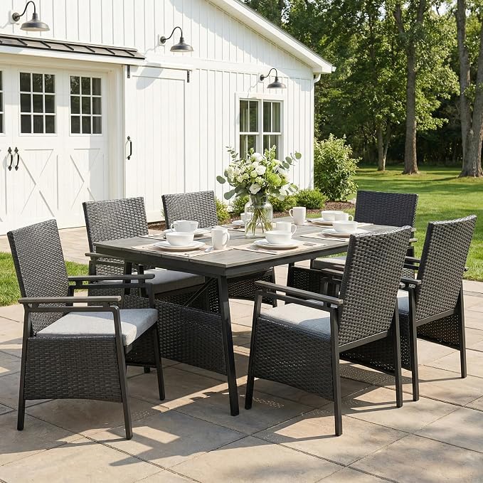 7 Piece Patio Dining Set, Outdoor Dining Table Set for 6, Aluminum Outdoor Dining Sets with Removable Cushions, Space Saving Rectangular Dining Table and Patio Chairs for Balcony/Deck, Black