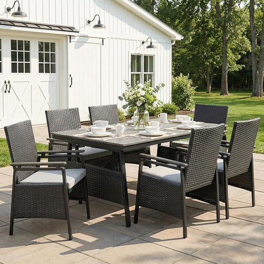 7 Piece Patio Dining Set, Outdoor Dining Table Set for 6, Aluminum Outdoor Dining Sets with Removable Cushions, Space Saving Rectangular Dining Table and Patio Chairs for Balcony/Deck, Black