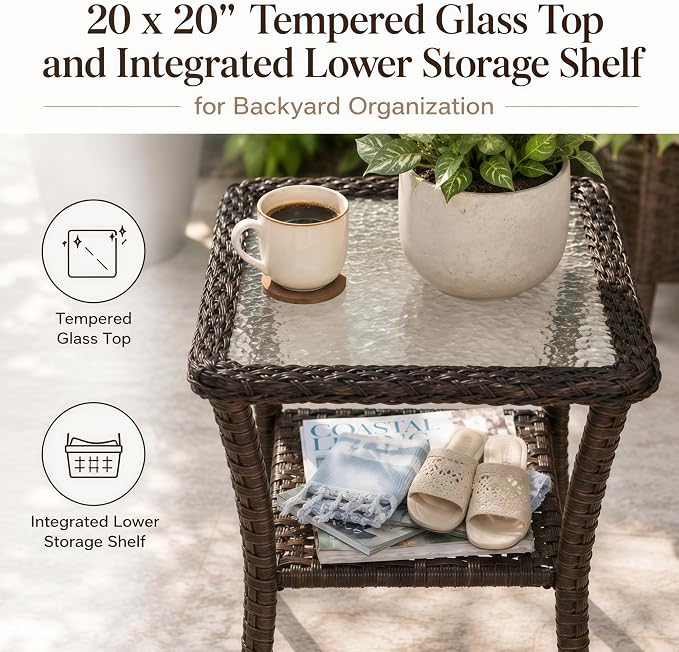 HUMMUH 20x20 Inch Wicker Patio Side Table with Glass Top, Espresso Brown | Powder-coated aluminum frame, PE rattan, lower storage shelf, 66 lb weight capacity, 20x20x22 inch dimensions