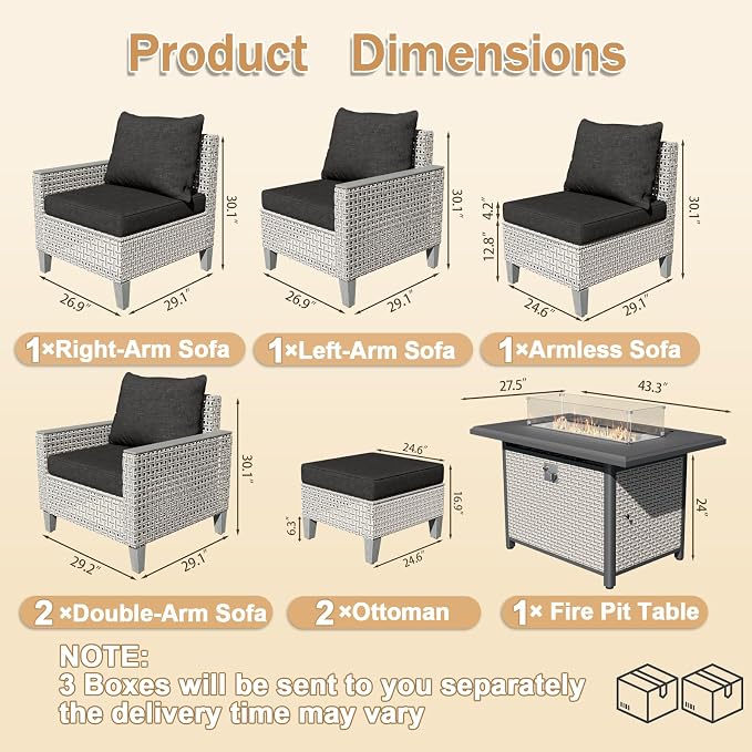 8 Pieces Patio Furniture Set with Fire Pit Table and Ottomans, Modern Outdoor Sectional Sofa with Comfy Cushions, Modular Wicker Rattan Patio Conversation Set, Black