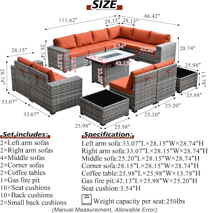 HOOOWOOO 13 Piece Modular Patio Outdoor Sectional Furniture Set with Gas Propane Fire Pit Table,Wicker Conversation Sofa Set,Out Door Couch Set with Wide Arm Outside(Orange Red)
