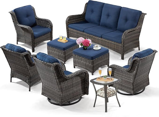 Wicker Patio Furniture Sets 8 Piece Set with 3-Seat Sofa, 2 Swivel Rocking Armchairs, 2 Armchairs, 2 Ottoman and 1 Side Table Wicker Outdoor Furniture Sectional Conversation Set, Blue