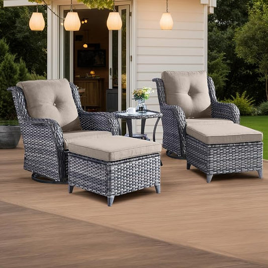 HUMMUH 5 Piece Outdoor Patio Furniture Set Wicker Conversation Bistro Set Swivel Rocking Chairs with Side Table and Ottomans for Backyard, Porch, Balcony