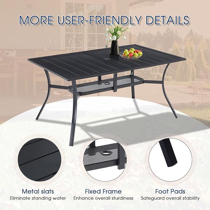 VICLLAX Patio Dining Set, 59.2" Black Table & 6 Chairs with Wheat Cushion | Outdoor Table and Chairs Set of Rectangular Metal Patio Table, Outdoor Dining Chairs with Metal Frame, Garden Deck Porch