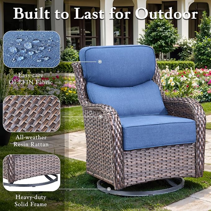 Luxury High Back Outdoor Furniture with 6-inch Extra Thick Cushions, Patio Furniture Set with Fire Pit Table & Swivel Chairs, 4 PCS Wicker Conversation Set for Yard, Deck, Poolside, Brown/Blue