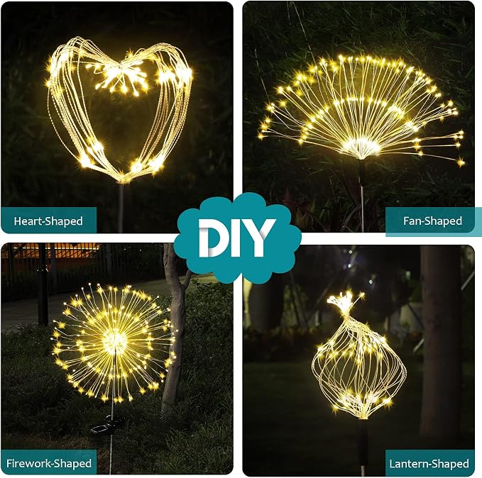 Solar Firework Lights, 2 Pack 135 LEDs 2 Lighting Modes Solar Garden Lights Outdoor Waterproof for Yard Patio Walkway Pathway Party Wedding Christmas Decorative - Warm White