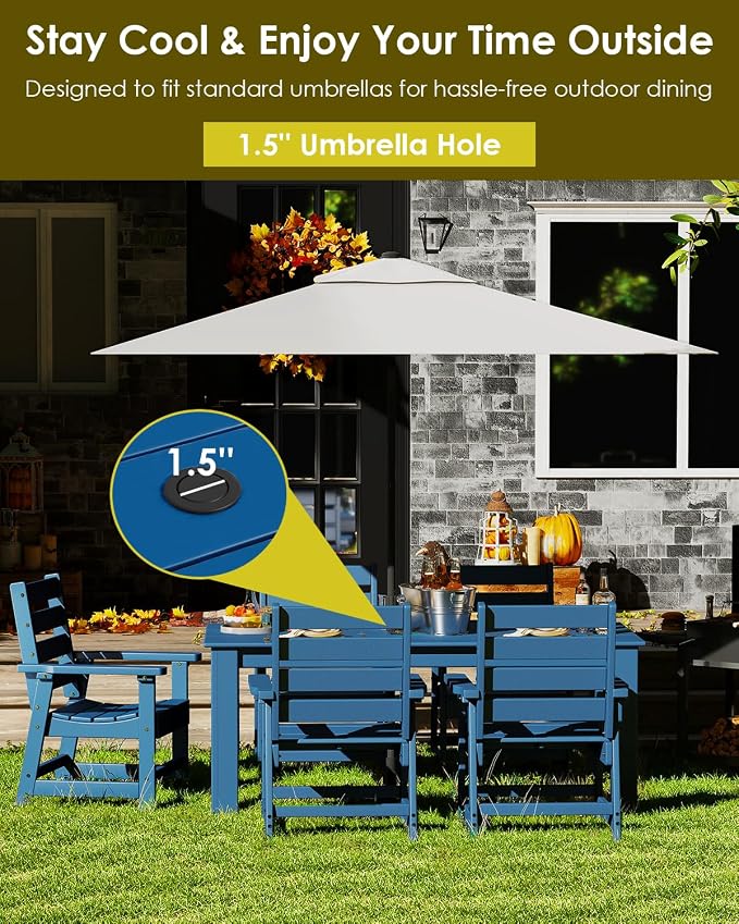 GREENVINES 5-Piece Patio-Dining-Set | HDPE Plastic | Outdoor Table and Chairs Sets for 4 | Patio Furniture | All Weather | Umbrella Hole | for Backyard Poolside Garden | Blue