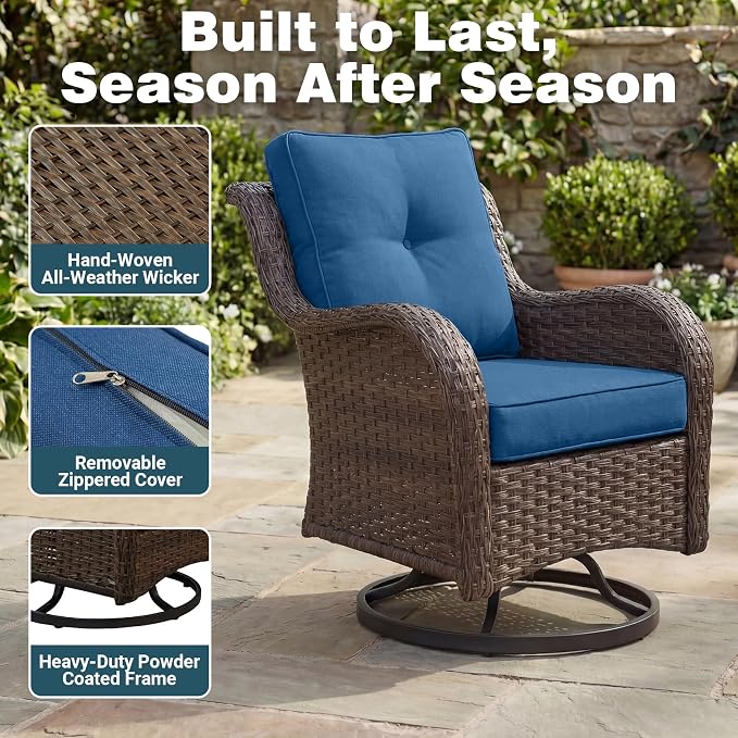 Patio Furniture Set, 12PCS Outdoor Wicker Conversation Set with 6" Thick Cushions, High Back Rattan Sofa & Swivel Rocker Chairs, Weather Resistant Olefin Fabric for Garden, Poolside, Navy Blue