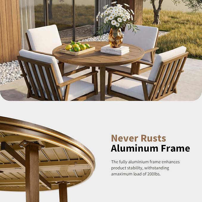 41" Round Outdoor Dining Table Set, 5-Piece Aluminum Round Outdoor Table with 4 Swivel Chairs, Faux Wood Grain Patio Table with Umbrella Hole for Garden, Backyard, Poolside, Teak