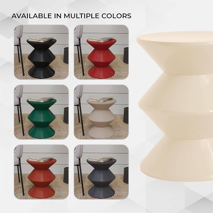 LeisureMod Aura Collection Modern Round Side Table - Ivory ABS Plastic Double-Hourglass Pedestal - No Assembly Weatherproof Accent Furniture for Living Room, Patio & Outdoor Decor