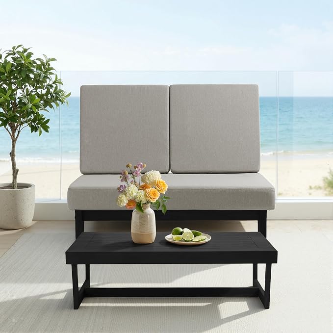 7 Pieces All Weather Black Wood Patio Furniture Sets, 2 Patio Loveseat, 4 Patio Bistro Chair, Outdoor Sectional Sofa Furniture Backyard Conversation Set with Coffee Table - Light Camel