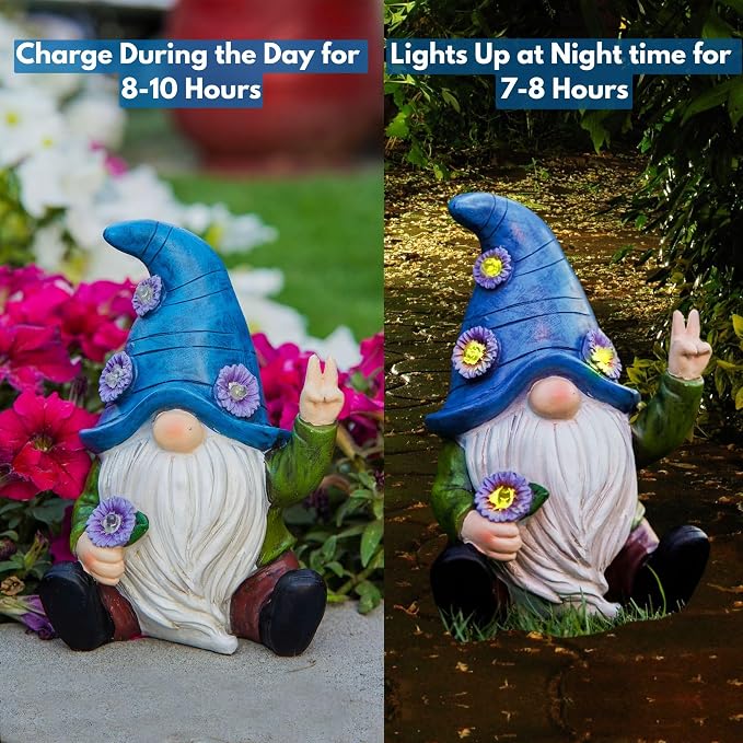 Peace Gnome Garden Statue - Original Design - Blue Peace Gnome Design for Yard, Lawn, Patio, Porch - Garden Decoration - Solar Light - Mom - Grandmother Outdoor Decor & Unique