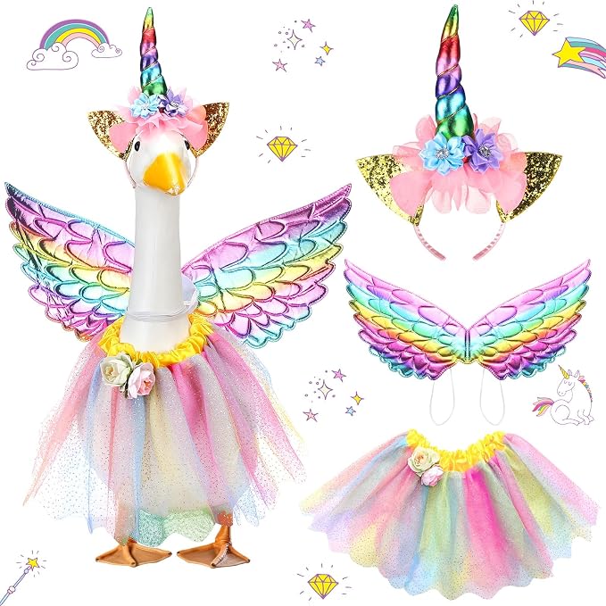 Abbylike Unicorn Porch Goose Outfit Rainbow Goose Costume for 23'' H Cement Statue with Tutu Skirt Unicorn Headband Wing for Party Outdoor Yard Lawn Garden Patio Decor