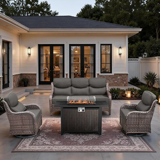 HUMMUH 4 Pieces Patio Furniture Set with Fire Pit High Back Outdoor Furniture Set 6-inch Cushions Wicker Patio Swivel Rocker Chairs for Balcony Garden,Lawn,Deck