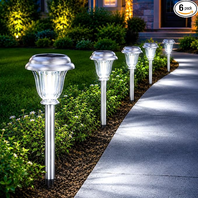 DERAYSION Solar Lights Outdoor Pathway, 6 Pack Stainless Steel Glass Solar Garden Lights, Auto On/Off Long-Lasting Waterproof Outdoor Solar Lights for Yard, Landscape, Path, Driveway, Walkway Décor | IP65 Waterproof Garden Lights Glass Stainless Steel ...