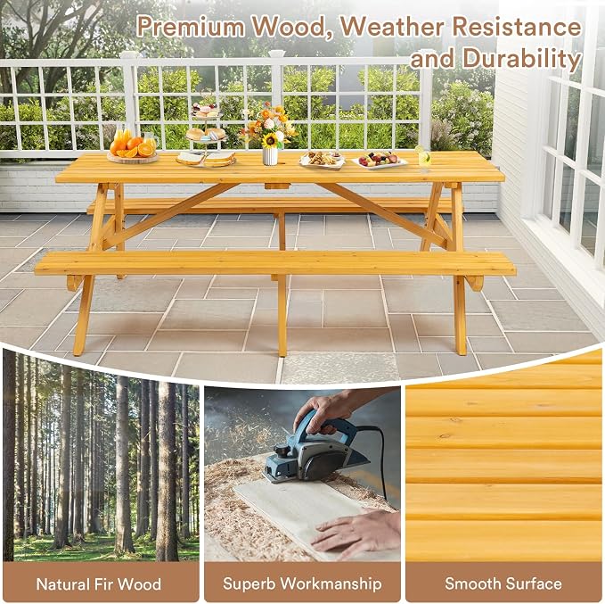 Zevemomo 8 Person Wood Picnic Table, Rectangle Tabletop with Umbrella Hole, 2 Built-in Long Benches, 2220LBS Total Capacity for Gardens, Yards, Pale Wood