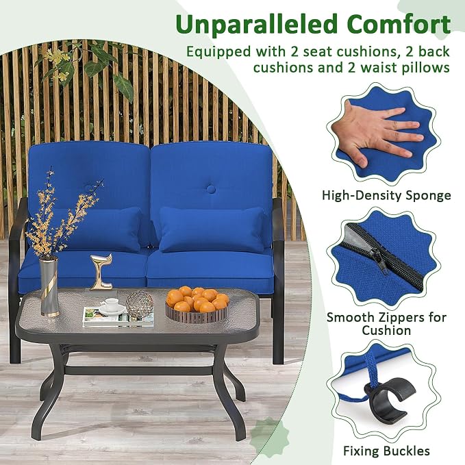 Tangkula 2 Piece Patio Furniture Set, Outdoor Loveseat Chair Set with Seat Back Cushions & Waist Pillows, Tempered Glass Coffee Table, Heavy-Duty Metal Sofa Set for Yard Garden Balcony Poolside