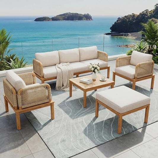 5-Piece Patio Furniture Set, Outdoor Conversation Set with Acacia Wood, Coffee Table and Ottoman, All-Weather Cushions for Backyard, Garden and Poolside(C-Beige)