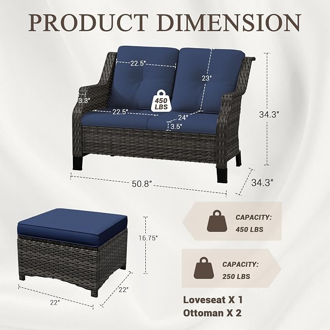 3 Pieces Patio Furniture Set, Outdoor Furniture Set with 1 Wicker Loveseat, 2 PE Rattan Ottoman, Thick Cushions, Ideal for Backyard, Garden, Poolside, Blue