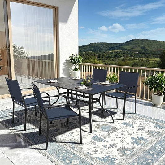 Outdoor Dining Set of 5 with NavyBlue Stackable Chairs, 63" Rectangle Table | Stackable Chairs, Metal Rectangle Table, Slat Table Top, 4 or 6 Person Use, All Weather, Textilene fabric Seat and Back
