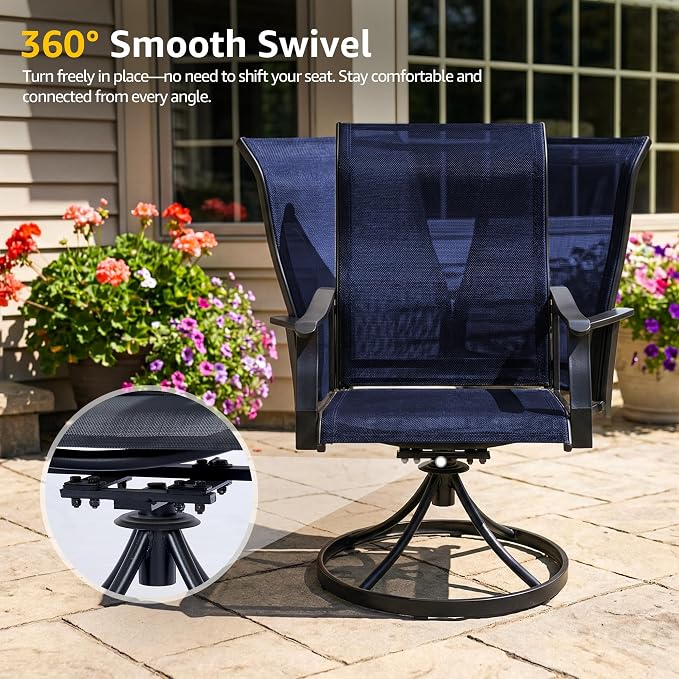 NATURAL EXPRESSIONS 5 Piece Patio Table and Chairs Set, HDPS Outdoor Dining Set with 4 Swivel Dining Chairs, Textilene Mesh Fabric, 36" Dining Table with Umbrella Hole for Backyard, Garden (Navy)