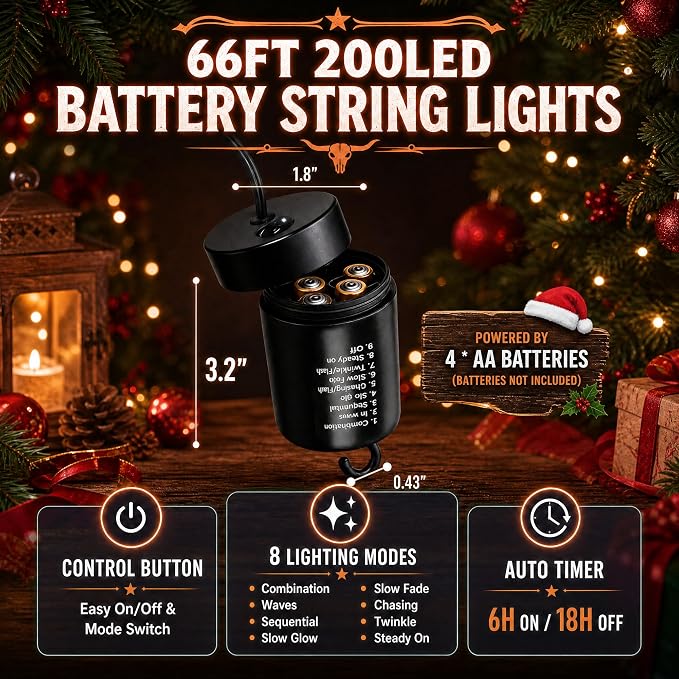 Battery String Lights 66Ft 200LED Remote Timer Decor | Indoor Outdoor Waterproof 8 Modes Memory Battery Operated Christmas Lights for Outside Party Garden Christmas Tree Décor