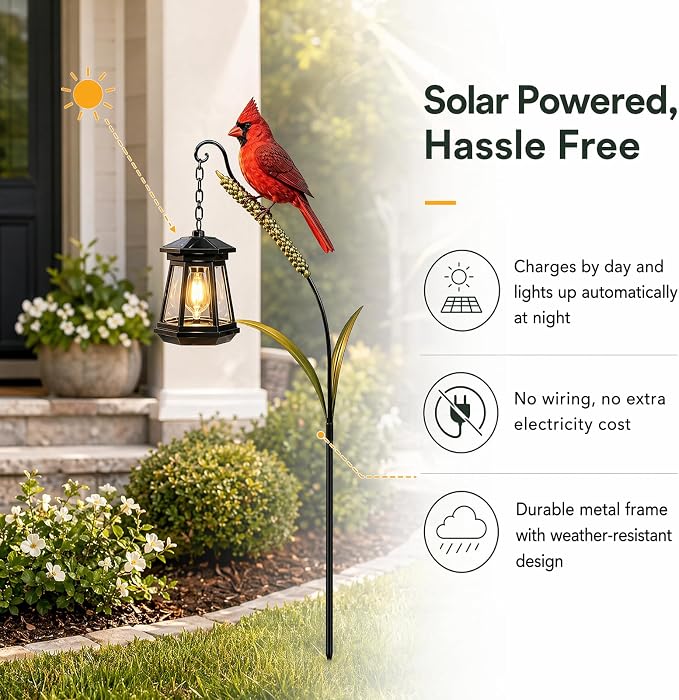 Cardinal Solar Light—A Beautiful Garden Light that Feels Full of Life | Outdoor Stake Yard Decor, Red Bird Lantern, Gift for Mom, Warm Glow Lantern for Patio Lawn Porch Pathway Yard Gardening Gift
