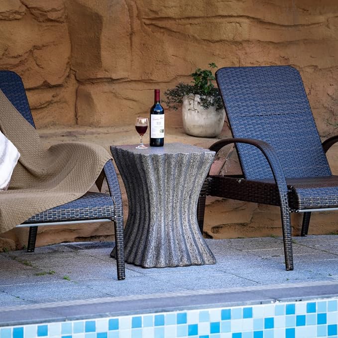 Outdoor Side Table – Lightweight Stone Patio Coffee Stand, Concrete End Table for Backyard, Balcony,Living Room,Bedroom(Wooden Stripes)