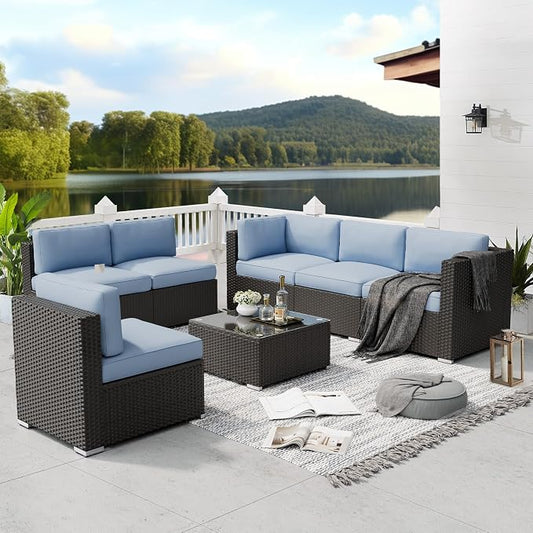 SOLAURA 7 Pieces Outdoor Patio Furniture Set, Black Brown Rattan Outdoor Patio Sectional Conversation Set, Modular Sofa Set with Coffee Table, Sky Blue